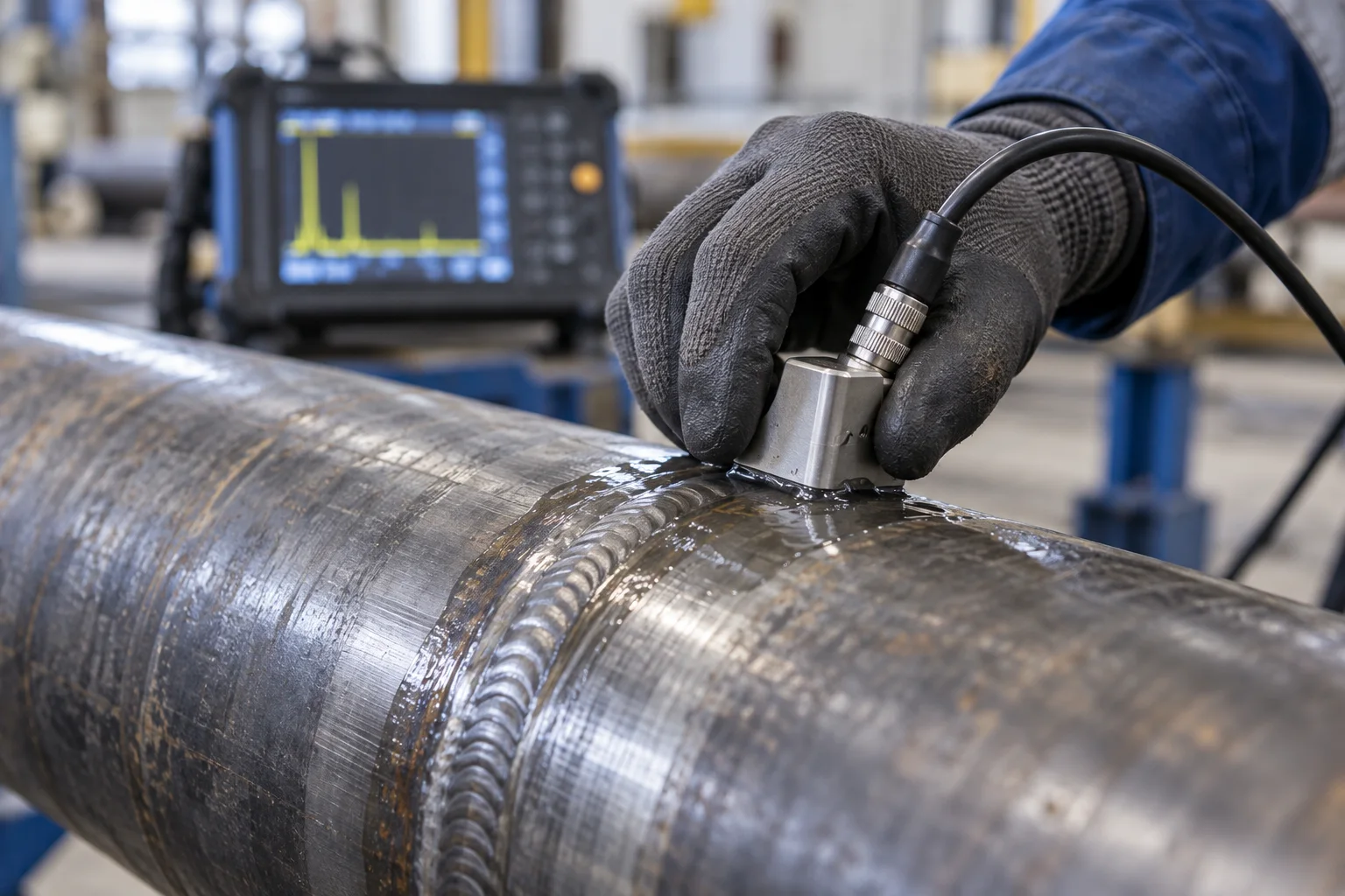 Illustrative close-up of an ultrasonic probe examining a steel pipe beside a weld